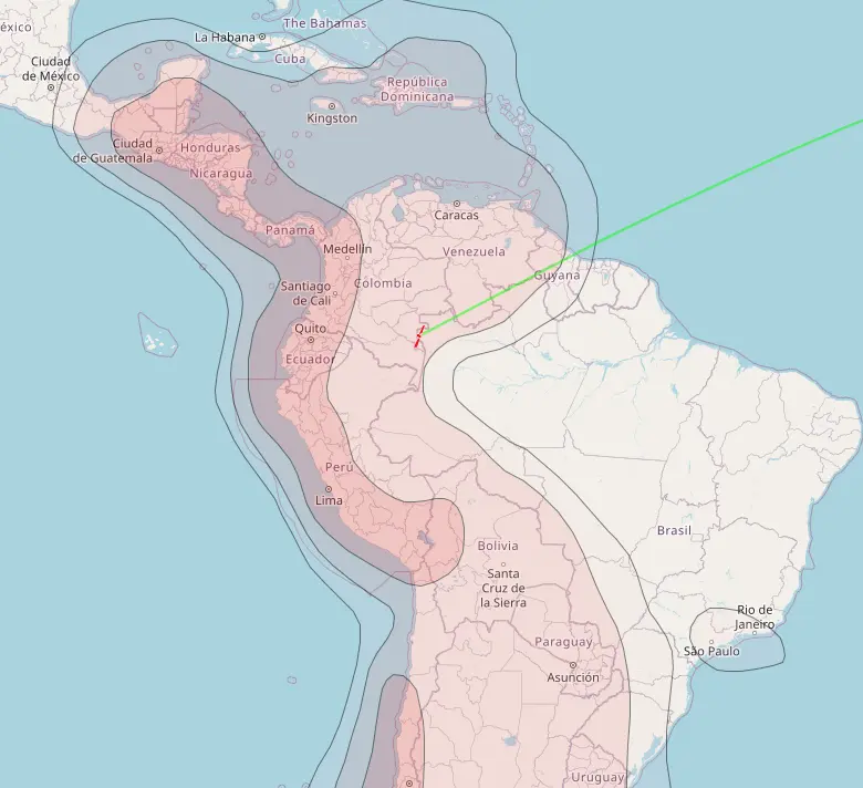 Mapa de cobertura satelital CLARO 70W mostrando cobertura continental en Latinoamérica
