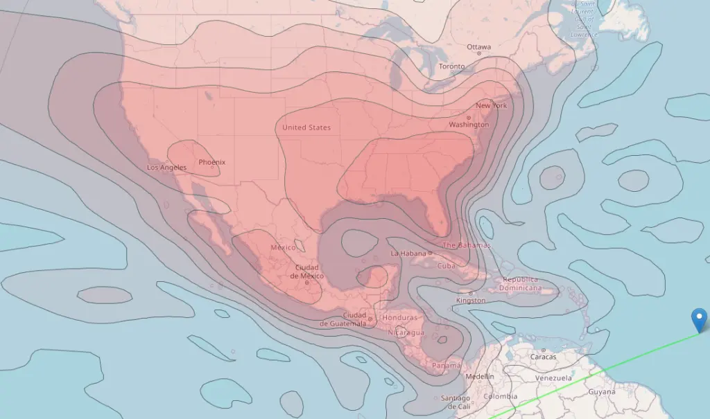 Mapa de cobertura satelital DISHMX 77W mostrando cobertura en México y Centroamérica